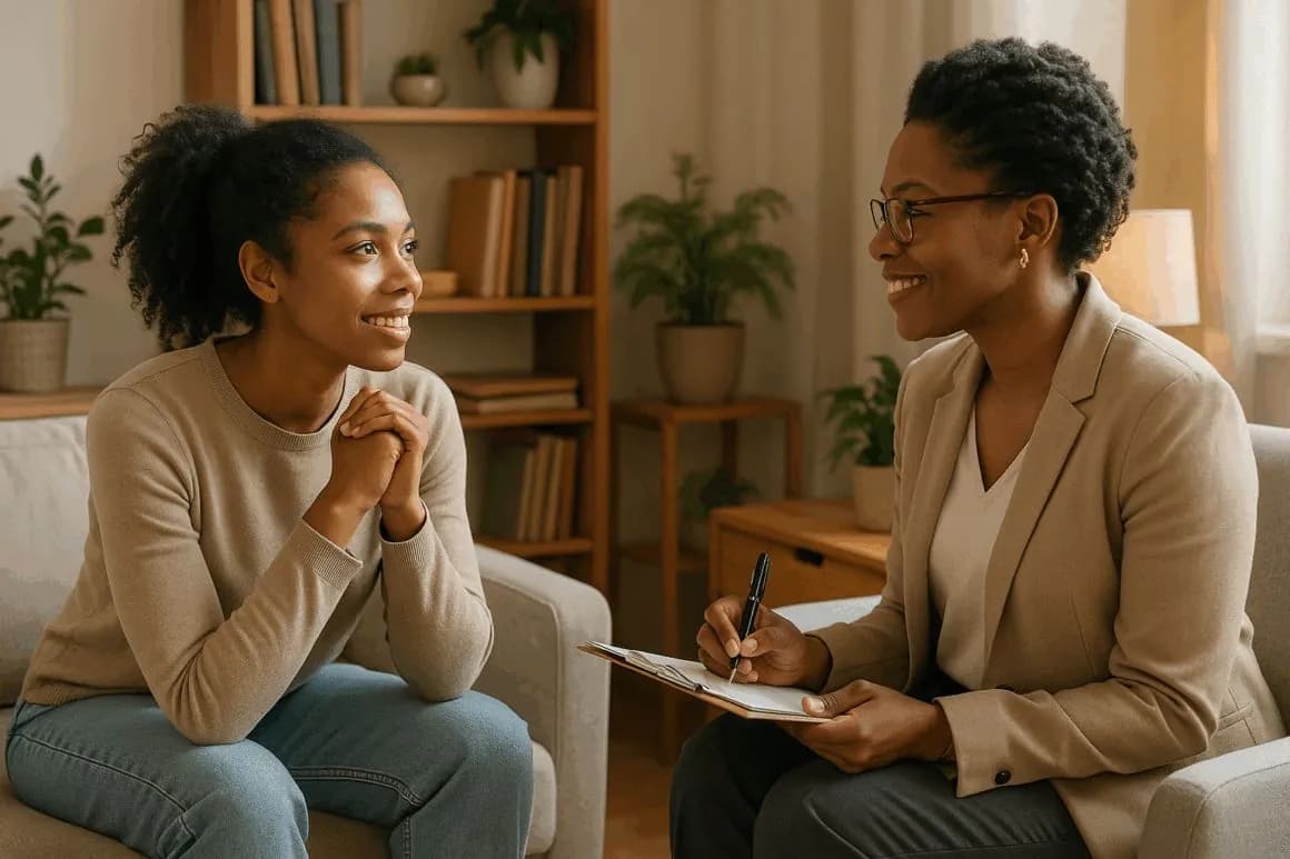 Two women in conversation in a calm, plant-filled office