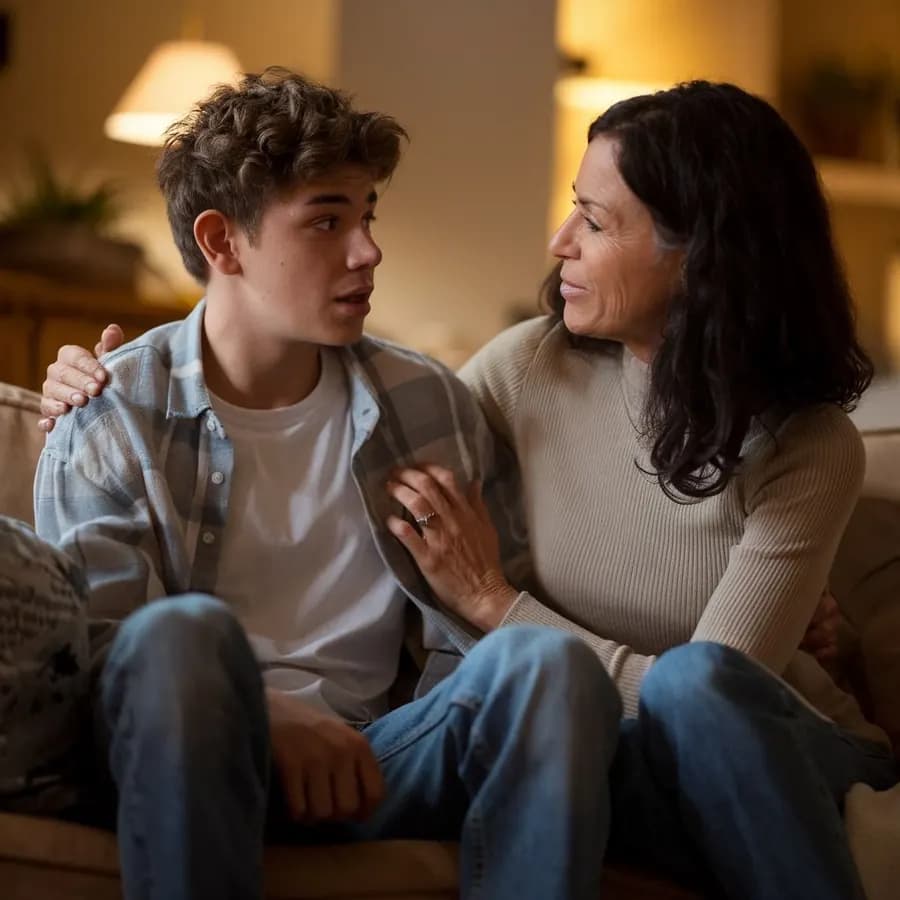 A teenager and a parent talking on a couch