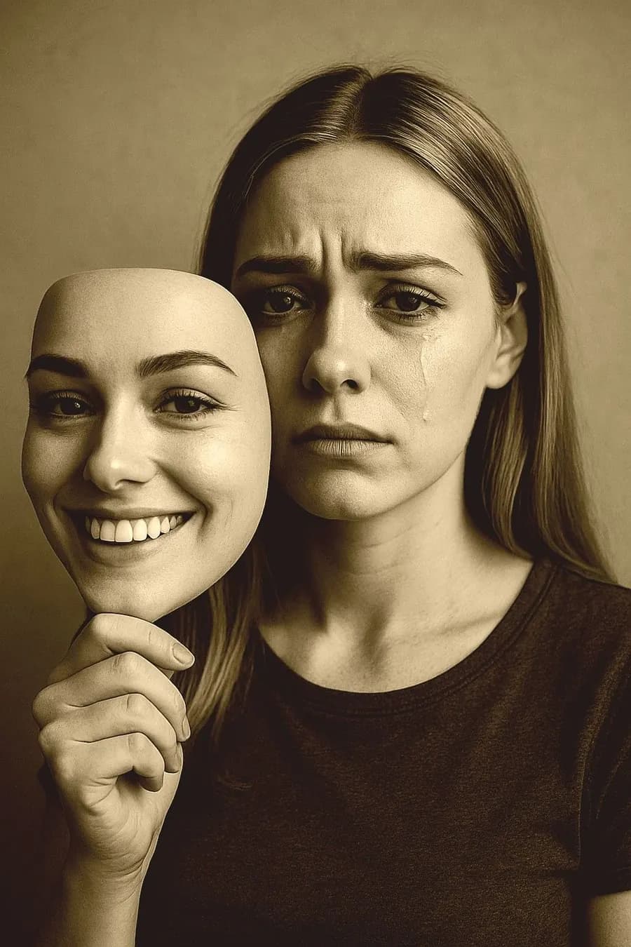 A woman holding a smiling mask in front of a worried face