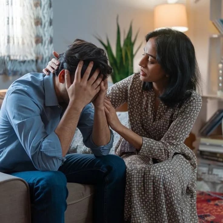 A man with his head in his hands, a woman beside him